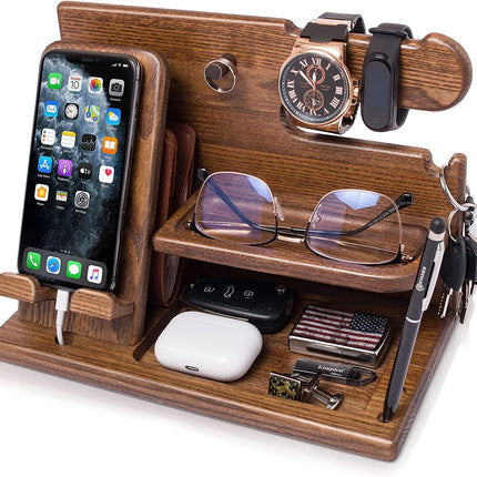 Wood Phone Docking Station for Men - Desk or Nightstand Organizer - Birthday Gifts for Husband, Dad - Anniversary Idea from Wife - Key Holder, Stand Wallet, Watch & Essentials (Bourbon Brown)
