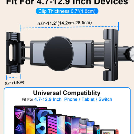 Tablet Holder Mount for Car Headrest Back Seat 360 Rotate Phone Stand Long Arm Adjustable with 2 Hook Fit for 4.7-12 Device