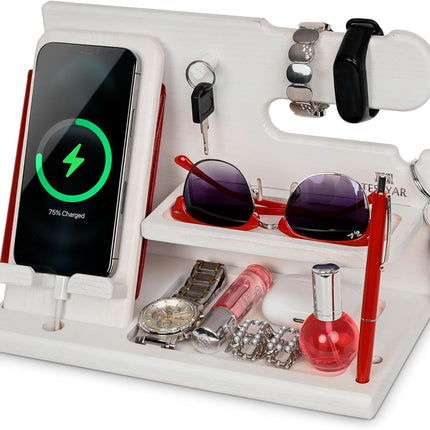 Wood Phone Docking Station for Men - Desk or Nightstand Organizer - Birthday Gifts for Husband, Dad - Anniversary Idea from Wife - Key Holder, Stand Wallet, Watch & Essentials (Bourbon Brown)