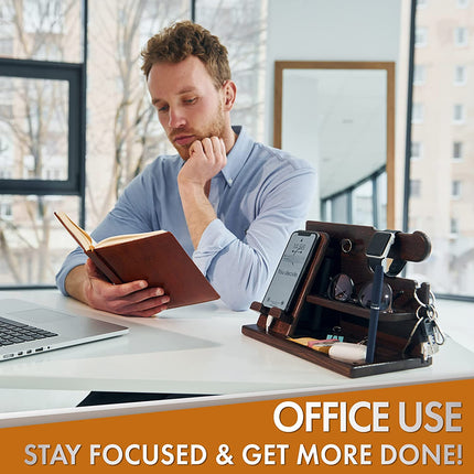 Wood Phone Docking Station for Men - Desk or Nightstand Organizer - Birthday Gifts for Husband, Dad - Anniversary Idea from Wife - Key Holder, Stand Wallet, Watch & Essentials (Bourbon Brown)