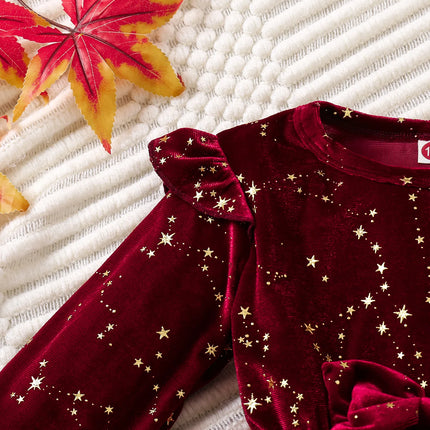 Toddler Girl Party Dress Autumn Winter 1-8 Years Children Christmas And New Year Princess Dress Red Velvet Gown Stars Mesh Dress
