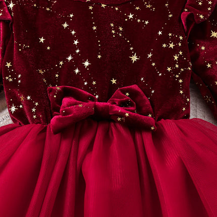 Toddler Girl Party Dress Autumn Winter 1-8 Years Children Christmas And New Year Princess Dress Red Velvet Gown Stars Mesh Dress