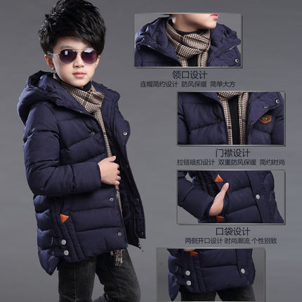 2025 New Winter Keep Warm Teenage Boys Jacket 5-14 Years Long Slim Fit Fashion Hooded Coat For Kids Children Outdoor Windbreaker