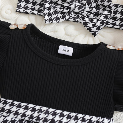 Baby girl's summer fashion cute herringbone plaid pattern round neck button decoration fly sleeve plaid skirt jumpsuit and black