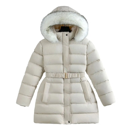Winter Long Style Teen Girls Jacket Solid Color Slim Fit Fashion Detachable Hat Big Fur Collar Hooded Keep Warm Coat For Kids