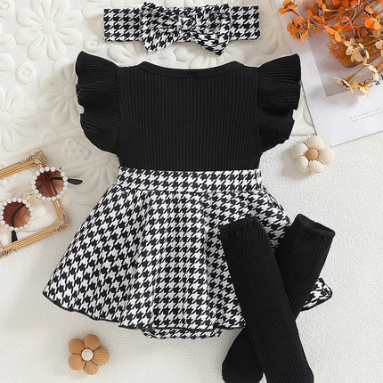 Baby girl's summer fashion cute herringbone plaid pattern round neck button decoration fly sleeve plaid skirt jumpsuit and black