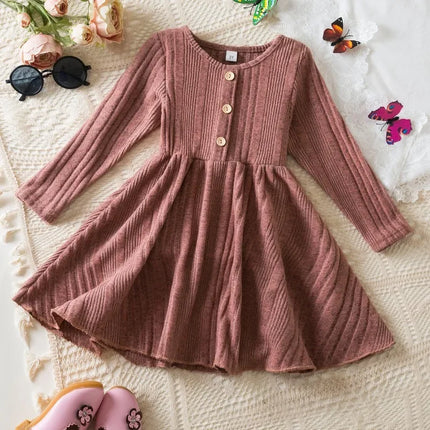Baby Girl Button Front Solid Rib Knit Long-sleeve Dress Soft and Comfortable Perfect for Outings Daily Casual Wear Kids Clothes