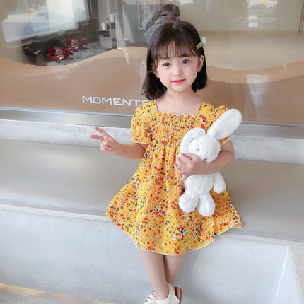 Summer 0-6T Baby Girl Vacation Style Bubble Sleeves Sweet Princess Skirt Flower Print Dress For Girls