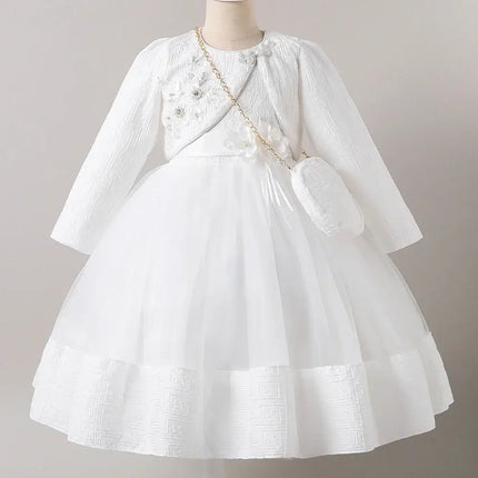 HETISO Girl Dresses with Bag long Sleeve Coat Tulle Princess Ball Gown for Kids in Party Birthday Graduation Christmas 3-10Y