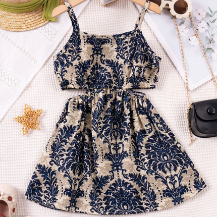 1 - 7 Y Baby Girls' Sling Cut - Out Vintage Floral Print Dress - Stylish & Breathable Summer Outfit for Kids Girls Dress