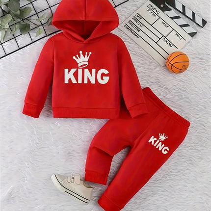 Baby Boy KING Crown Pattern Fleece Hoodie+Casual Pants Two Piece Set Spring and Autumn Sportswear