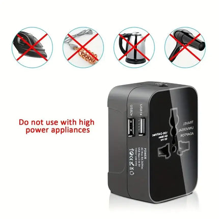 Universal AC power adapter with dual USB charging ports, universal travel plugs and sockets, EU-US AC power adapter