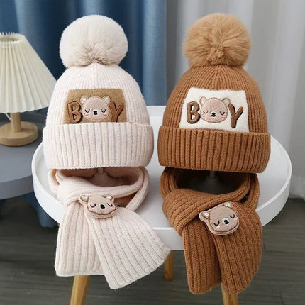2Pcs/Set Children's Hat and Scarf Set for Boys and Girls Winter Warmth Cotton Lining Wool Knit Hats Baby Two-Piece Hat Set