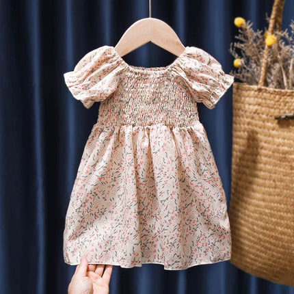 Summer 0-6T Baby Girl Vacation Style Bubble Sleeves Sweet Princess Skirt Flower Print Dress For Girls