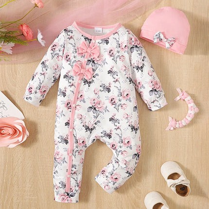 2pcs Baby Girls Cute Floral Graphic Print Bowknot Long Sleeve Romper & Hat Set Clothes