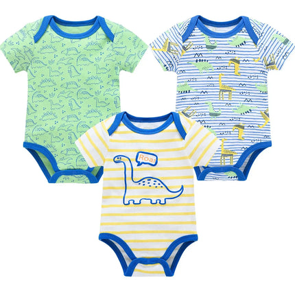 3 Pcs/set Baby Boy Clothes Summer 100%Cotton Blue Grey Tie Print Three Piece Short Sleeve Bodysuit vetements bebe For 0-12M