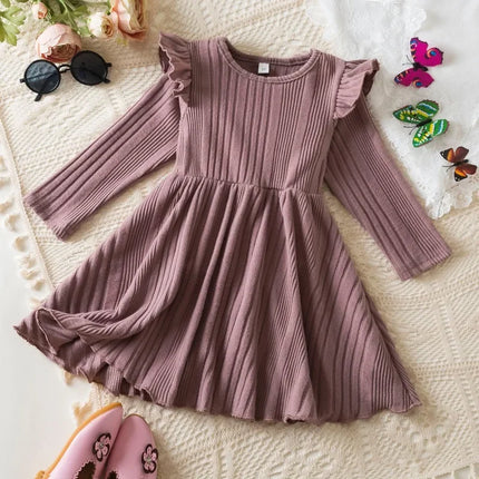 Baby Girl Button Front Solid Rib Knit Long-sleeve Dress Soft and Comfortable Perfect for Outings Daily Casual Wear Kids Clothes