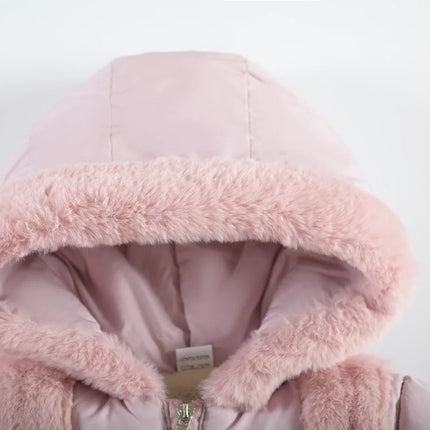 1 2 3 4 Years Baby Girls Jacket Winter New Solid Color Butterfly Decoration Lining Plush Warm Hooded Zipper Down Cotton Outwear