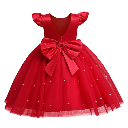 Pink Flower Girl Dresses Cute Bow Short Sleeve Princess Dresses for Formal Wedding Kid Birthday Party Banquet Elegant Girls Gown