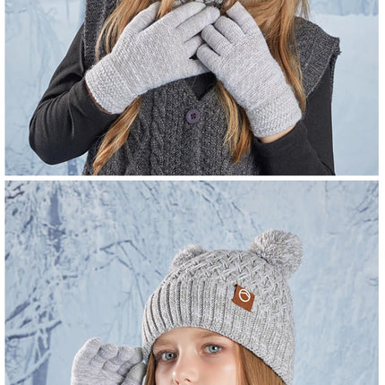 3Pcs Winter Kids Hat Set for Girls Boys Warm Knitted Children Beanie Scarf Gloves Fleece Lining Pompom Children Cap 4-10Y