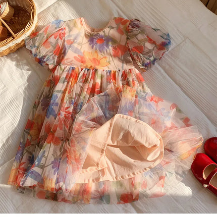 2025 Summer Kids Clothes Puff Sleeve Flower Print Dress For Girls Mesh Kids Dress for Girl