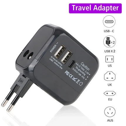 All-in-One Wall Travel Charger Adapter - US EU UK AU Plugs with 2 USB & 1 Type C, Universal for Travel