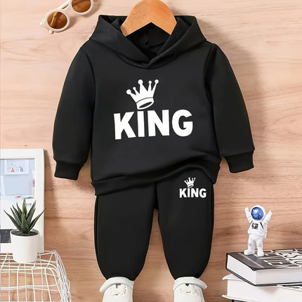 Baby Boy KING Crown Pattern Fleece Hoodie+Casual Pants Two Piece Set Spring and Autumn Sportswear