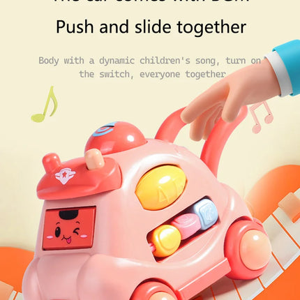 Kid Pull Along Toy Walking Trolley Musical Light Up Car Toy Crawling To Walking Learning Toys Cartoon Polyhedral Trolley Car Toy
