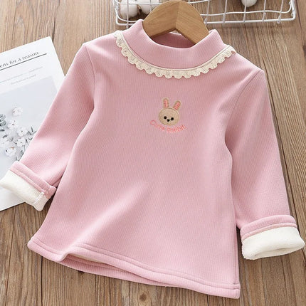 1pcs Children's T-Shirts Rabbit Embroidery Velvet warm top Kids Half High Collar Long Sleeve Base Shirt Girls Tshirts Clothes