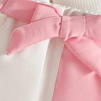 Baby Girl Outfit Set 0 - 3Y Baby Clothing Mock Neck Flower Applique Ribbed Top and Color Block Bow Skirt Cute Casual Party Wear