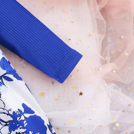 (6 Months -3 Years Old) Spring And Autumn New Blue Flower Baby Girl Dress, Chinese Retro Style Children'S Long Sleeve Clothes