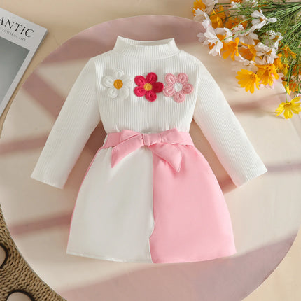 Baby Girl Outfit Set 0 - 3Y Baby Clothing Mock Neck Flower Applique Ribbed Top and Color Block Bow Skirt Cute Casual Party Wear