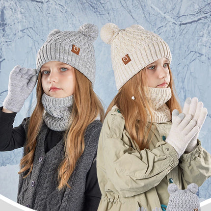 3Pcs Winter Kids Hat Set for Girls Boys Warm Knitted Children Beanie Scarf Gloves Fleece Lining Pompom Children Cap 4-10Y