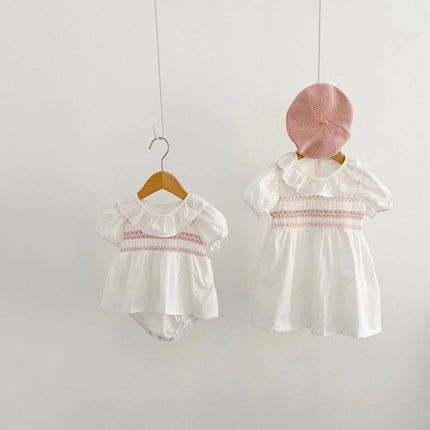 Summer Sister Baby Girl Clothes Embroidery Lace Floral Toddler Girls Ruffled Dress Newborn Infant Baby Romper 2Pcs Suit Korea