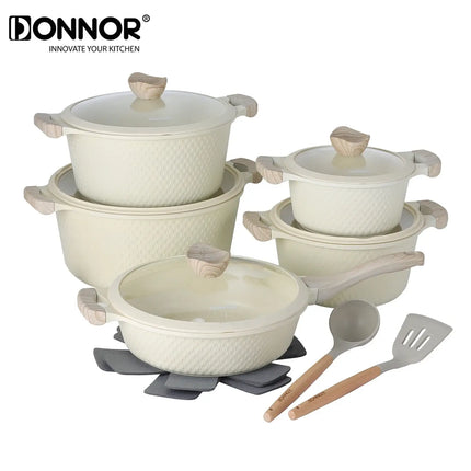 DONNOR 15-piece Pot Set, Non-stick Kitchen Cookware Set Non-stick, Granite Cooking Tools with Warm Handles Silicone Tools