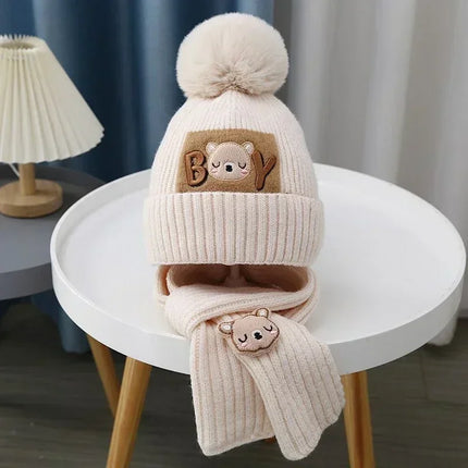 2Pcs/Set Children's Hat and Scarf Set for Boys and Girls Winter Warmth Cotton Lining Wool Knit Hats Baby Two-Piece Hat Set