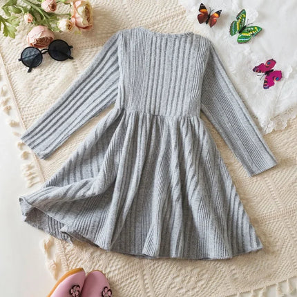 Baby Girl Button Front Solid Rib Knit Long-sleeve Dress Soft and Comfortable Perfect for Outings Daily Casual Wear Kids Clothes