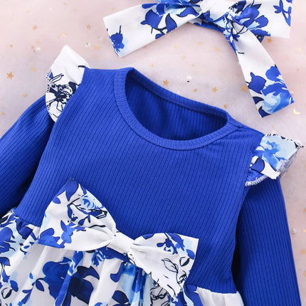 (6 Months -3 Years Old) Spring And Autumn New Blue Flower Baby Girl Dress, Chinese Retro Style Children'S Long Sleeve Clothes