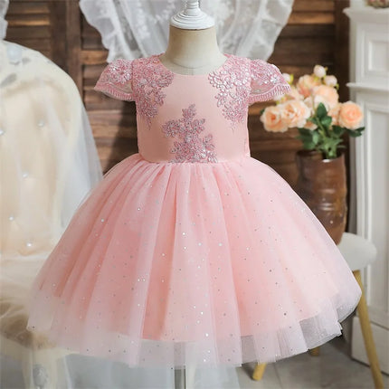 Baby Girls Dresses for 1st Birthday Party Backless Embroidery Elegant Big Bow Wedding Tutu Gown Girls Pink Formal Gala Costume