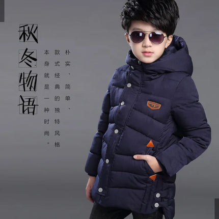 2025 New Winter Keep Warm Teenage Boys Jacket 5-14 Years Long Slim Fit Fashion Hooded Coat For Kids Children Outdoor Windbreaker