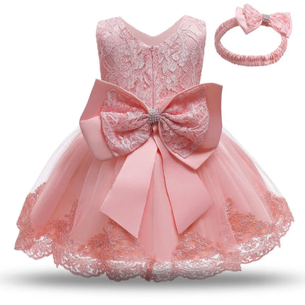 Baby Girls Dresses for 1st Birthday Party Backless Embroidery Elegant Big Bow Wedding Tutu Gown Girls Pink Formal Gala Costume