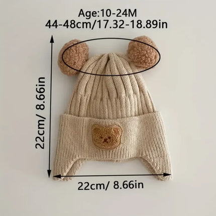 Winter Baby Beanie Cartoon Bear Ear Protection Knitted Hat, Suitable for Toddling Boys and Girls