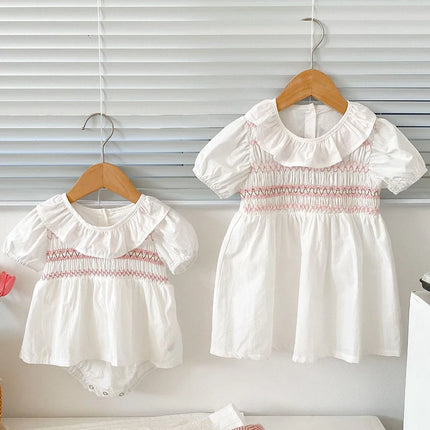 Summer Sister Baby Girl Clothes Embroidery Lace Floral Toddler Girls Ruffled Dress Newborn Infant Baby Romper 2Pcs Suit Korea