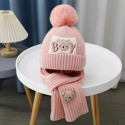 2Pcs/Set Children's Hat and Scarf Set for Boys and Girls Winter Warmth Cotton Lining Wool Knit Hats Baby Two-Piece Hat Set