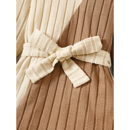 Kids Girls Knitted Dress Patchwork Long Sleeved Dress with Belt Fashion Elegant Casual Party Clothes For Children 4-7 Years