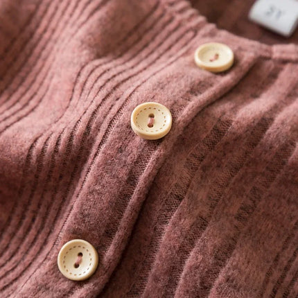 Baby Girl Button Front Solid Rib Knit Long-sleeve Dress Soft and Comfortable Perfect for Outings Daily Casual Wear Kids Clothes