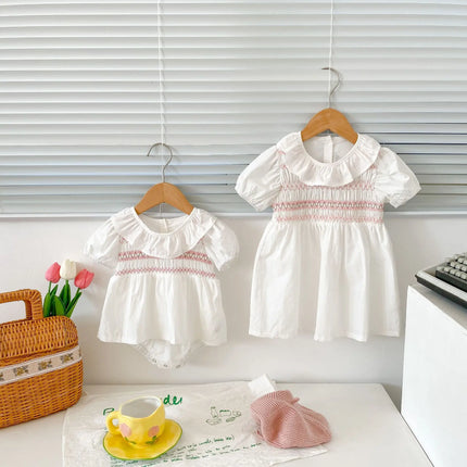 Summer Sister Baby Girl Clothes Embroidery Lace Floral Toddler Girls Ruffled Dress Newborn Infant Baby Romper 2Pcs Suit Korea