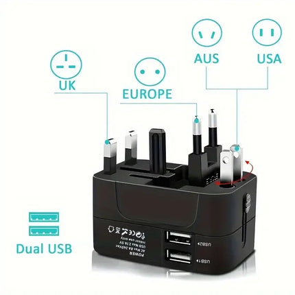 Universal AC power adapter with dual USB charging ports, universal travel plugs and sockets, EU-US AC power adapter
