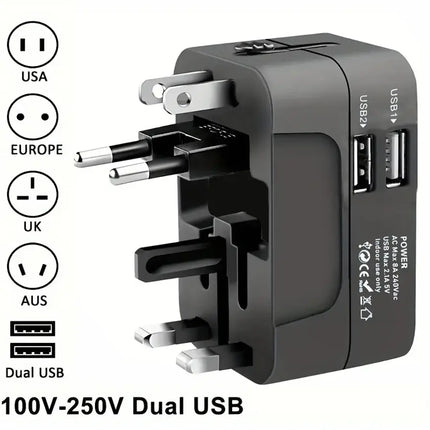 Universal AC power adapter with dual USB charging ports, universal travel plugs and sockets, EU-US AC power adapter