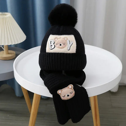2Pcs/Set Children's Hat and Scarf Set for Boys and Girls Winter Warmth Cotton Lining Wool Knit Hats Baby Two-Piece Hat Set